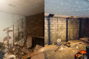 before and after photo of bowing basement wall replacement and repair